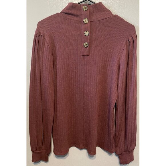 Ginger G Ribbed Mock Neck Top L Burgundy Button Back Long Sleeve Minimalist - Picture 4 of 7